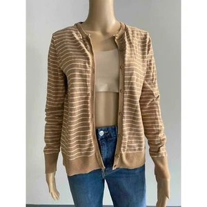 Gap Striped Cardigan Sweater Knitwear Classic Style Tan White Size M - Picture 1 of 6