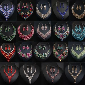 Crystal Statement Necklace Earrings Choker Jewelry Set Bridal Wedding Prom Women - Picture 1 of 500
