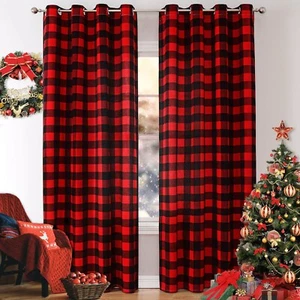 Red Buffalo Plaid Curtains 2 Panels,Christmas Red and Black Check Grommets Ro... - Picture 1 of 8