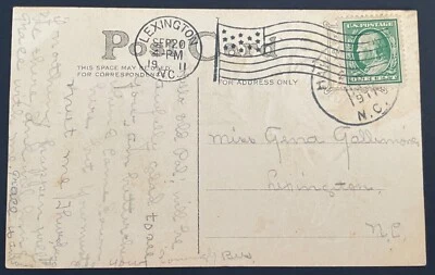 Lexington, NC Post Card mailed Sep 20, 1911 to Lexington, NC - TRANSIT ISSUE - Image 1 of 2