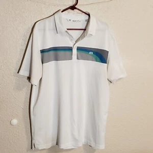 Travis Mathew Mens Size Large Polo Shirt White Striped Short Sleeve Golf Logo - Picture 1 of 11