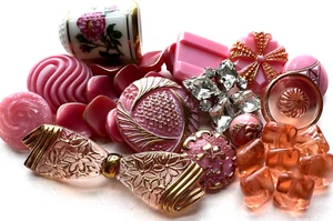 Large Lot Vintage Pink Glass Buttons~Ceramic~Thimble~rhinestones~Roses~A02 - Picture 1 of 7