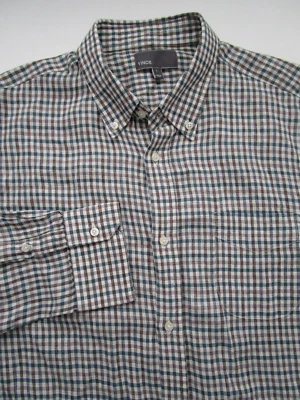Camisa Hombre Grande Vince 100% Lino Botón Cuadros Verde Marrón Foto 1 de 4