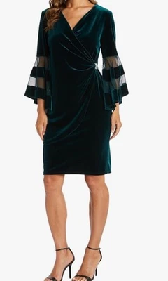 R&M Richards Velvet dress Forrest Green Faux Wrap Cocktail Holiday Bell Sleeve 8 - Image 1 of 4