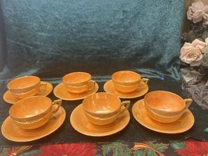 Antique Lenox Belleek 1924 Orange Iridescent Lusterware Tea Cup Saucer Set 6 Pc - Picture 1 of 6