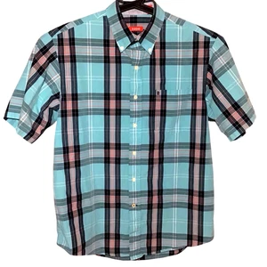 IZOD Herren 100 % Baumwolle Kurzarm Button Down Hemd Türkis & Marine Medium Neu ohne Etikett - Bild 1 von 8