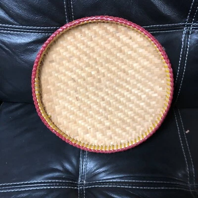 Primitive handmade handcrafted straw bamboo woven winnowing basket tray siev - Image 1 of 4