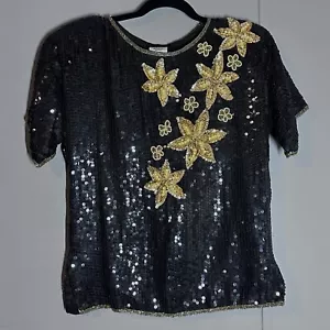 Blusa de seda con motivo floral dorado lentejuelas negras Elegance By Annan de colección leer descripción - Imagen 1 de 8