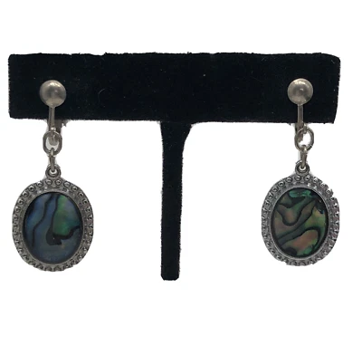 Vintage Oval Abalone Shell Clip On Earrings Silver Tone Shell  3/4” - Image 1 of 4