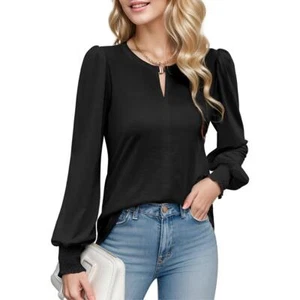Women's Long Sleeve Dressy Casual Top V Neck Puff Sleeve Shirt Keyhole Blouses - Picture 1 of 15