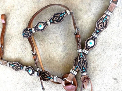 SHOWMAN Western Horse Tooled Leather Tack Set w/ Rawhide Braiding Bridle + Breast Collar