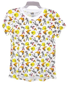 LOONEY TUNES ALL-OVER-PRINT CHARACTERS LOGO SHIRT WHITE SHORT SLEEVE SIZE LARGE - Picture 1 of 4