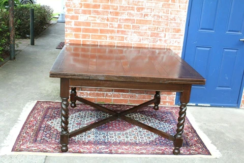 English Antique Oak Jacobean Barley Twist Draw Leaf Table Cover