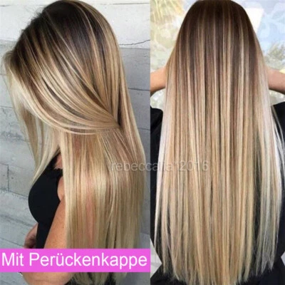 Damen Lang Perücken Blonde Langhaarperücke Wig gerade wie Echthaar Ombre Perücke