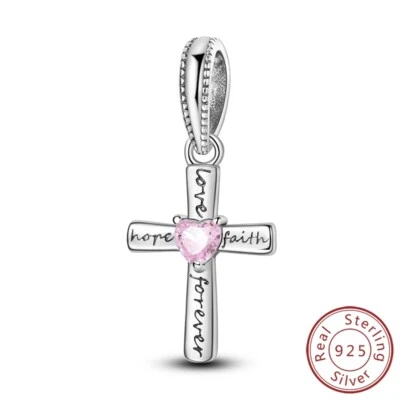 MULA Frauen 925 Sterling Silber DIY Charm Rosa CZ Herz Liebe Kreuz Für Armbänder - Bild 1 von 4