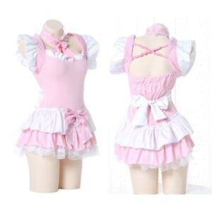 Women Cute  Maid Style Dress Lace Up Bow Role Play Costume Cosplay Anime Uniform