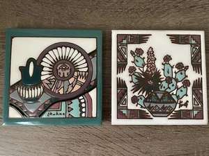 VTG Southwestern Cactus Ceramic Tile Trivet Set of 2 Earthtones 1990 Made USA - Picture 1 of 21