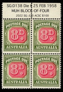 AUSTRALIA POSTAGE-DUE: BLOCK-OF-FOUR 1958-1960 8d CARMINE NO WMK SG: D138 CV£20+ - Picture 1 of 6