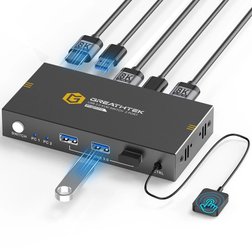 8K@60Hz HDMI KVM Switch 2 PC 1 Monitore, USB 3.0 KVM Switches für 2 Computer ... - Bild 1 von 1