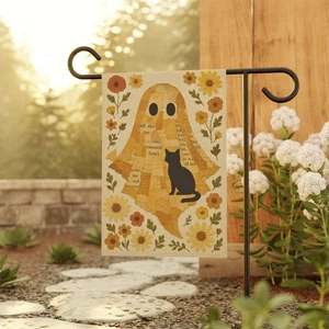 Collage de Papel Fantasma Gato Negro Floral Cottagecore Halloween Jardín Bandera - Imagen 1 de 10
