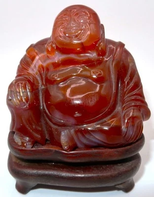 Estatuilla de Buda Riendo Ágata Tallada China con Soporte de Madera, 2 5/8" Foto 1 de 4