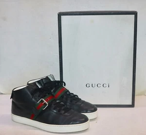 Gucci 407333 Black Leather Signature Web Buckle Sneakers Size 9 - Picture 1 of 15