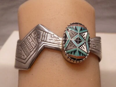 RMT Roderick Tenorio Inlay Sterling Silver Turquoise Cuff Bracelet Pollack Star - Image 1 of 4