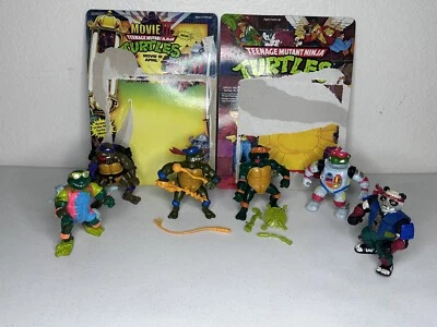 Vintage TMNT Figure Lot, 6 Characters, 2 Card Backs Art, Varied Accessories - Image 1 of 4