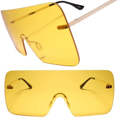 Mens & Womens Oversized Flat Top Rimless Futuristic Mono Yellow Lens Sunglasses - Image 1 of 4