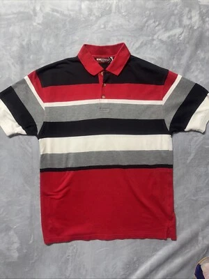 212 NYC Striped Polo Shirt Sz L Red Gray Blue White Colorblock Y2K Retro Street - Image 1 of 4