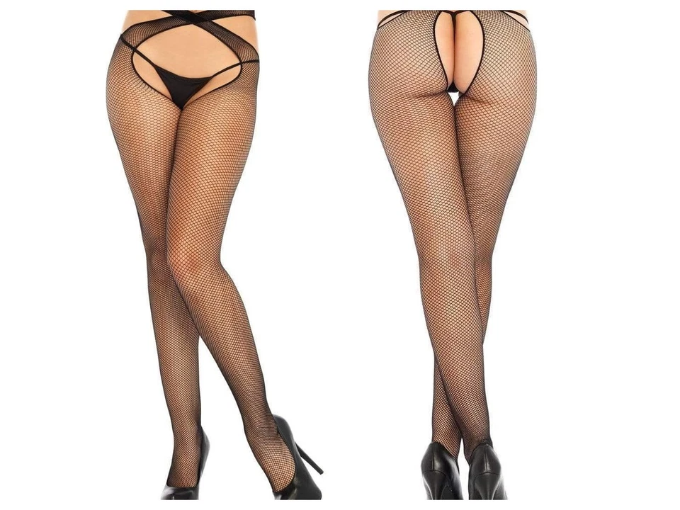 Crotchless Micro Net Tights Black Wrap Around Waist Open Crotch Leg Avenue