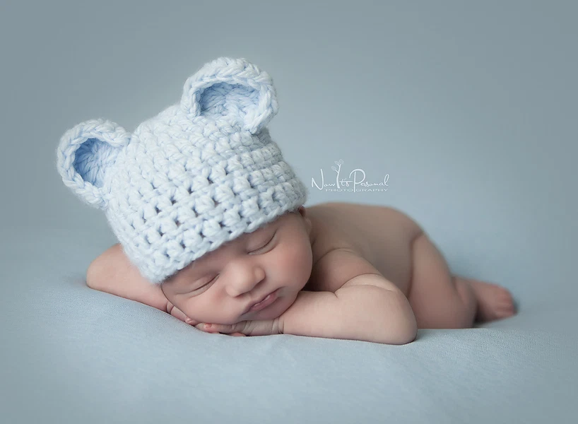 HANDMADE BY FUNKY KNITS Hand Crochet Knitted Baby Hat Teddy Bear Chunky Photo Prop Boy Blue Newborn-12M
