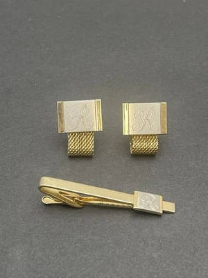 Cuff Links/Tie Clip Set Hickok Monogram Letter R Gold Tone Vintage Men's - Image 1 of 4