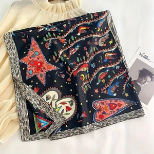 Bandana arte popolare uccellino stella cuore nero seta quadrata sciarpa collo testa avvolgente - Foto 1 di 2