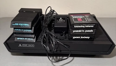 Atari CX-2600A Black Lot, Atari Power Adapter, 7 Games, Space Attack, Football - Image 1 of 4