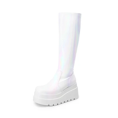 Botas hasta la rodilla con plataforma de cuña de tacón grueso punta redonda cremallera lateral para mujer Foto 1 de 2