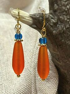 Thin Orange Sea Glass Teardrops Blue Crystal Gold Dangle Earrings. 1-3/8" Spring