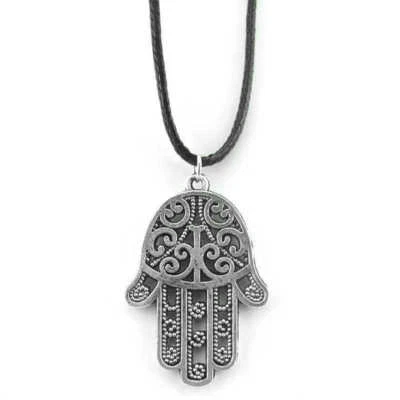 Collana MANO DI FATIMA Argento in corda nera Ciondolo Portafortuna da Uomo Donna - Immagine 1 di 4