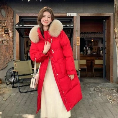 Down Jacket Women's Mid Length Luxury Large Fox Fur Collar Hooded Coats Outwear - Image 1 of 4