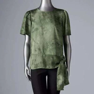 Vera Wang Large Moss Green Mottled Print Pullover Side Tie Hem Top - Picture 1 of 6