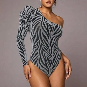 One-Shoulder-Body Metallic Zebramuster mit Puffärmeln asymmetrischem Ausschnitt - Bild 1 von 10