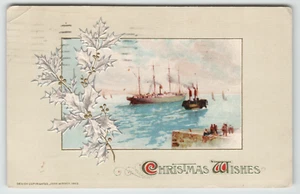 Postcard 1913 John Winsch Christmas Wishes Embossed Boats in Harbor - Picture 1 of 2