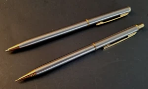 Matched Pen Pencil Set Brushed Chrome Gold Trim 5 1/4" Unbranded - Picture 1 of 3
