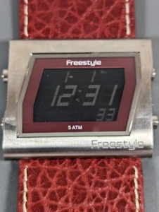 Freestyle Digital Day Date Alarm Timer Silver Tone Case Red Leather Band Watch - Picture 1 of 11