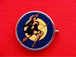 WITCH PIN UP GIRL WICCA BROOM RING TRINKET STASH ROUND MINT METAL PILL BOX CASE - Picture 1 of 2