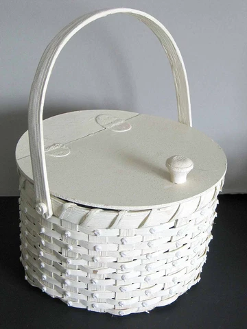 Woven Basket Wood Handle Split Hinged Lid Knob Cream White Sparkles FREE SH Cover