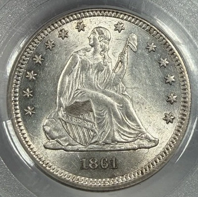 1861 25C AU58 CAC - Seated Liberty Quarter PCGS and CAC - Beautiful Coin Luster+ - Image 1 of 3
