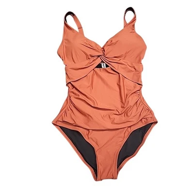 Traje de baño de una pieza con recorte torcido delantero DKNY para mujer talla mediana rojo óxido traje de baño Foto 1 de 4