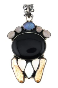 Colgante grande estilo bohemio de plata de ley 925 con perlas multicolores y ónix negro - Imagen 1 de 10