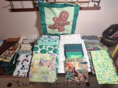 Lucky Shamrock Color Green Destash Fabric Lot Remnants to Yds Cotton Quilting - Image 1 of 4